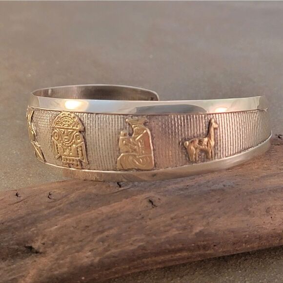 Vintage Sterling & 18k Yellow Gold Peruvian Inca Cuff Bracelet - Picture 3 of 10